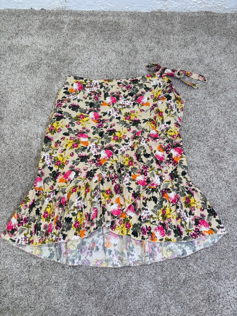 Ashley Stewart Beige Floral High-Low Wrap Skirt with Pink & Green Accents